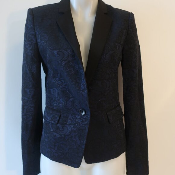 Womens BCBGMaxazria Philipe Dark Navy Black Lace Jacquard Jacket Blazer S - Picture 2 of 10